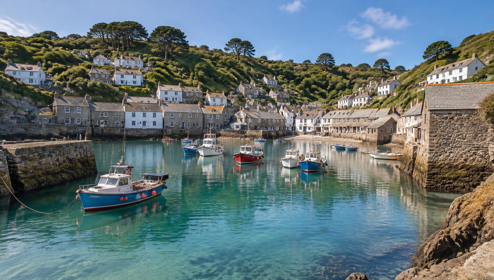 A calm Cornish harbour with fishing boats moored below stone cottages